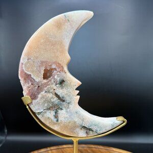 Pink Amethyst Green Jasper Agate Moon Face Profile Carving Druzy Crystal Natural